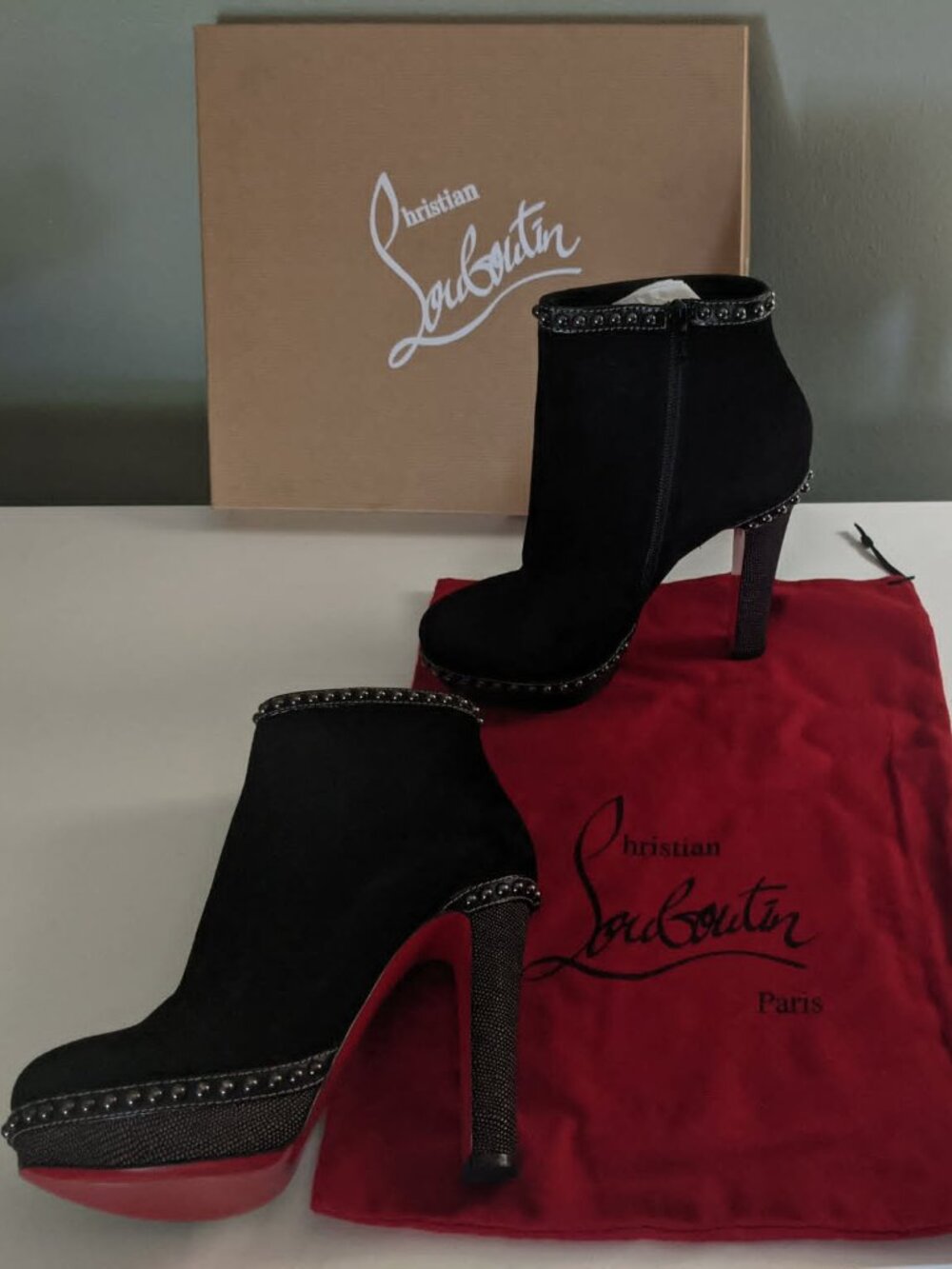 Christian Louboutin Figurina Booty 140 Suede Studded Ankle Boots EU 37.5/ US 7.5